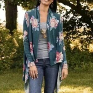 Matilda Jane Sweater Cardigan Cozy Days Teal Blue Floral  Sz M Cottagecore Boho